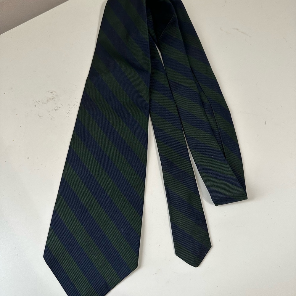 Vintage Paul Stuart Handmade Men’s Navy and Forest Green Repp Stripe Tie